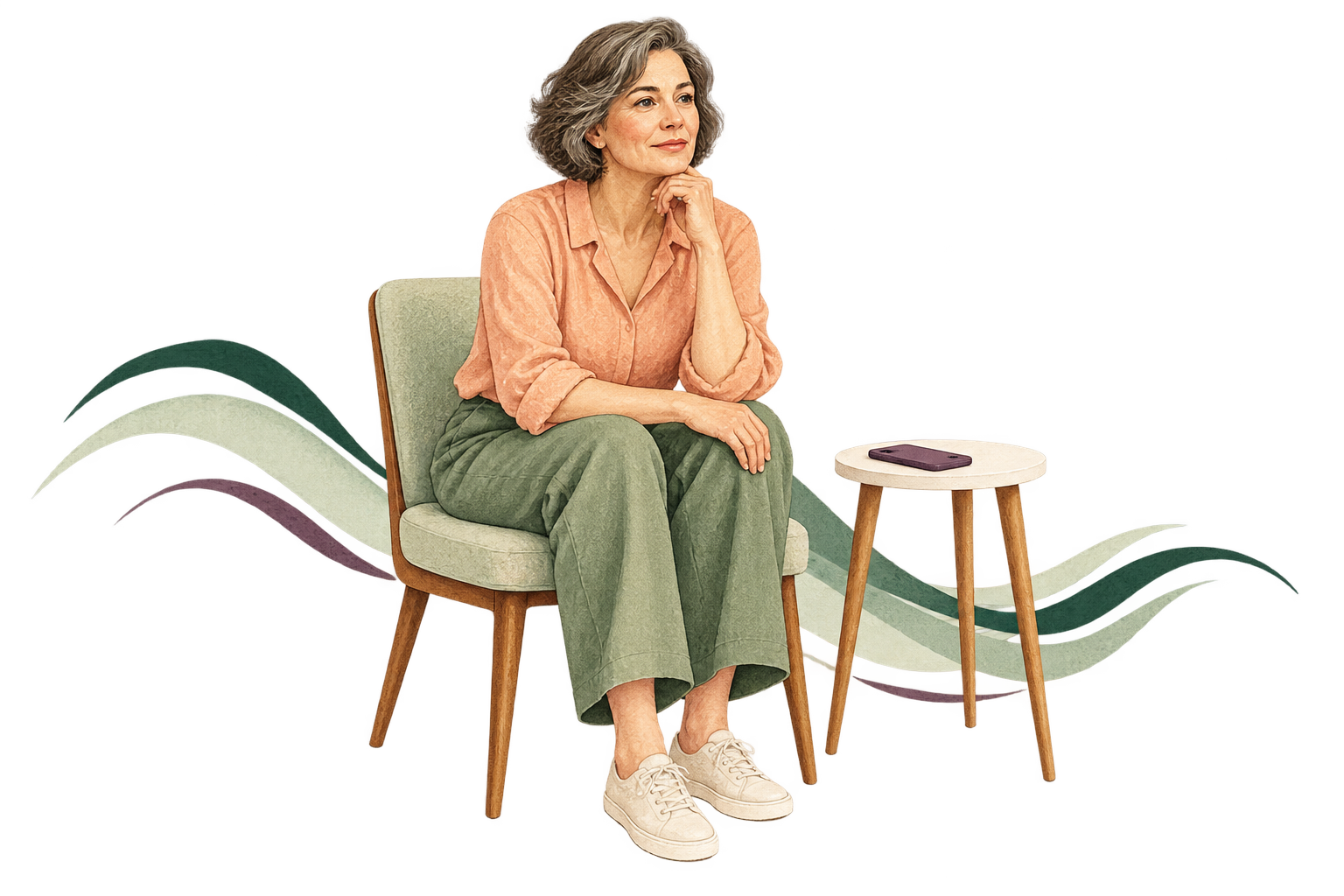 Ilustrace: žena sedí v křesle a odpočívá