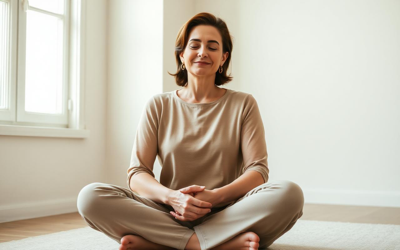 Klidná žena se zavřenýma očima při meditaci v minimalistickém interiéru s měkkým ranním světlem
