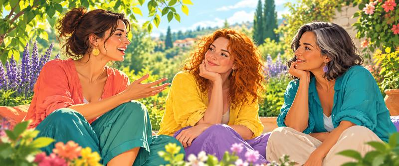 Ilustrace: tři ženy v živých barvách si v klidu povídají v rozkvetlé zahradě