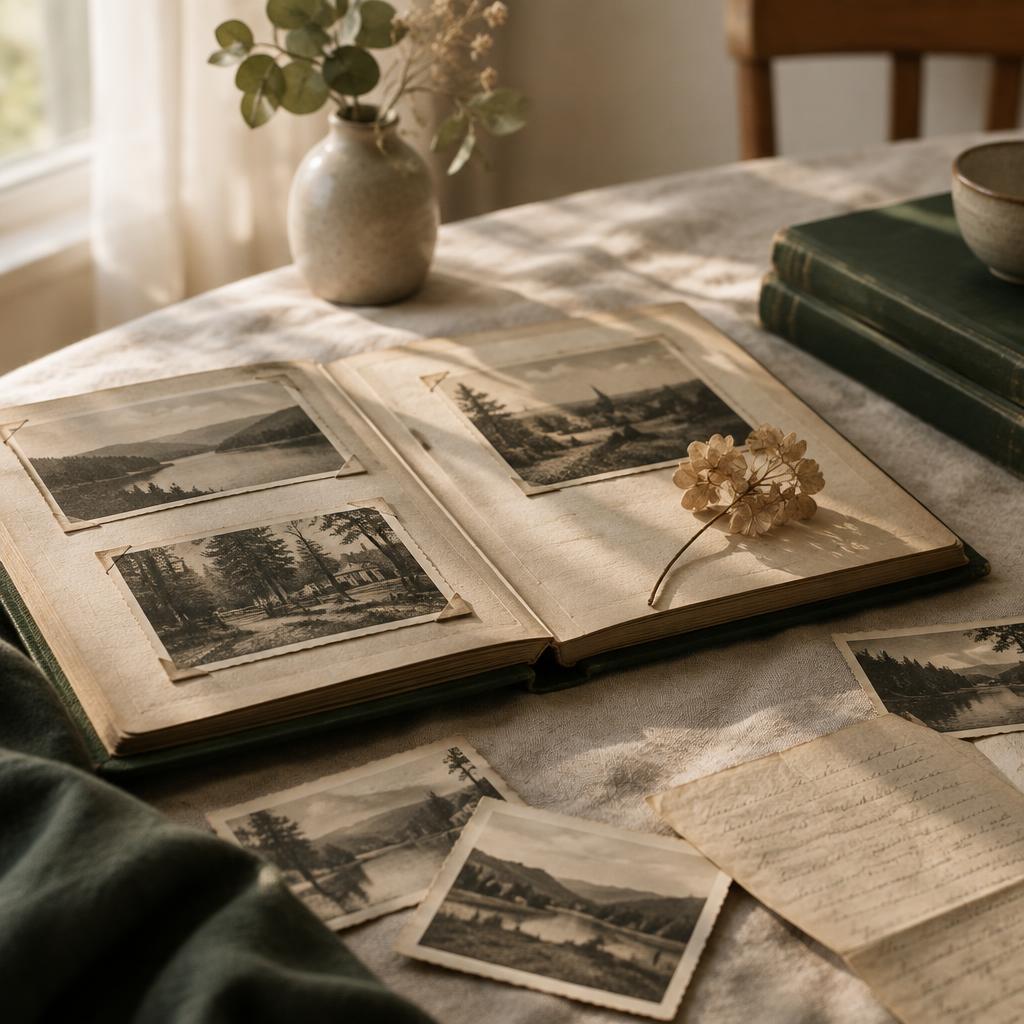 Klidná fotografie – staré rodinné album leží otevřené na lněném ubruse, vedle něj usušená kytička, staré fotografie a ručně psaný dopis, v jemném ranním světle u okna