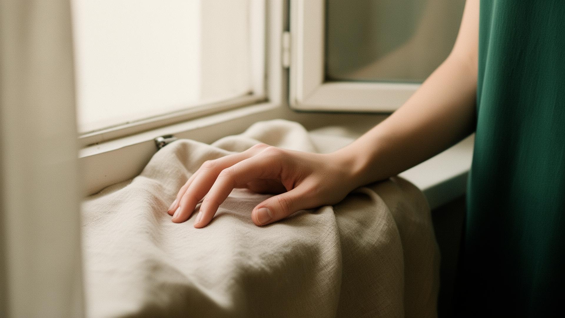 Ruka jemně spočívající na lněné látce u okna v měkkém ranním světle